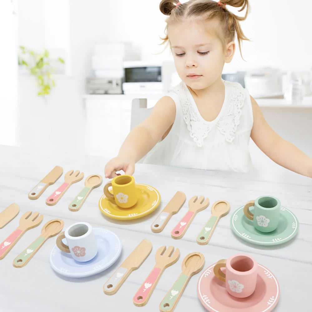 Tea Party Set Dessert Stand Playset ,Wooden Toys Pretend Play Food Kitchen Accessories for Toddler Tea Set Birthday Gift