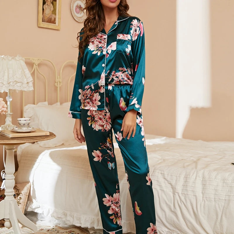 Women’s Satin Print Long Sleeve Button-Up Pajama Set – Full-Length Pants, 11 Colors, Sizes S–1XL