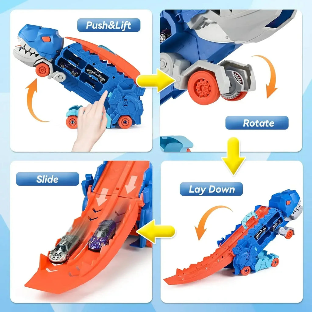 New Dinosaur Truck Race Track Toy Set With 4 Alloy Cars Foldable Transforming Into T-Rex STEAM Toys For Boys Girls Birthday Play