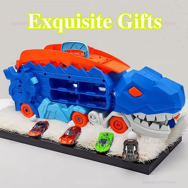 New Dinosaur Truck Race Track Toy Set With 4 Alloy Cars Foldable Transforming Into T-Rex STEAM Toys For Boys Girls Birthday Play