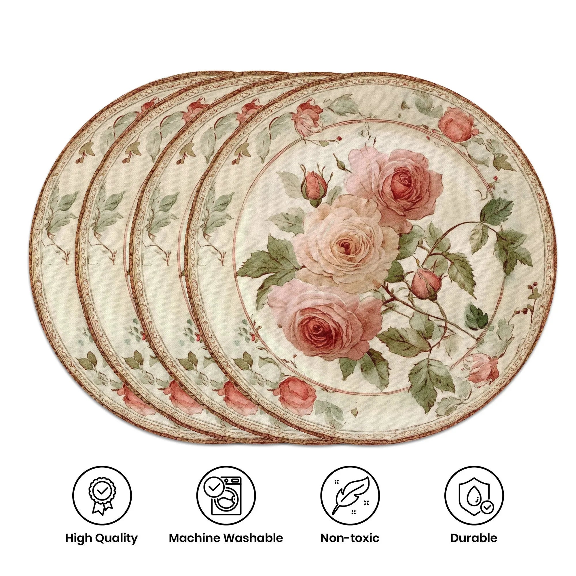 Elegant Pink Rose Placemats - Set of 4 | Non-Slip, Heat Resistant, Vintage Floral Design | Machine Washable 15" Dining Mats