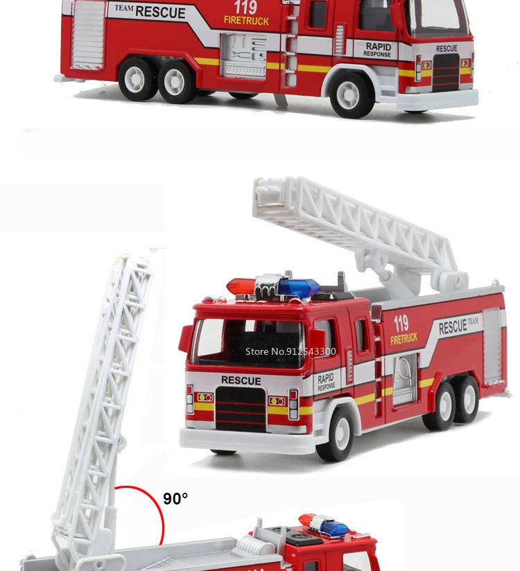 1:32 Fire Truck Model Toy Car Alloy Body Rubber Tire Music Light Pull Back Climbing Water Tank 119 Vehicles Models Toys Gifts
