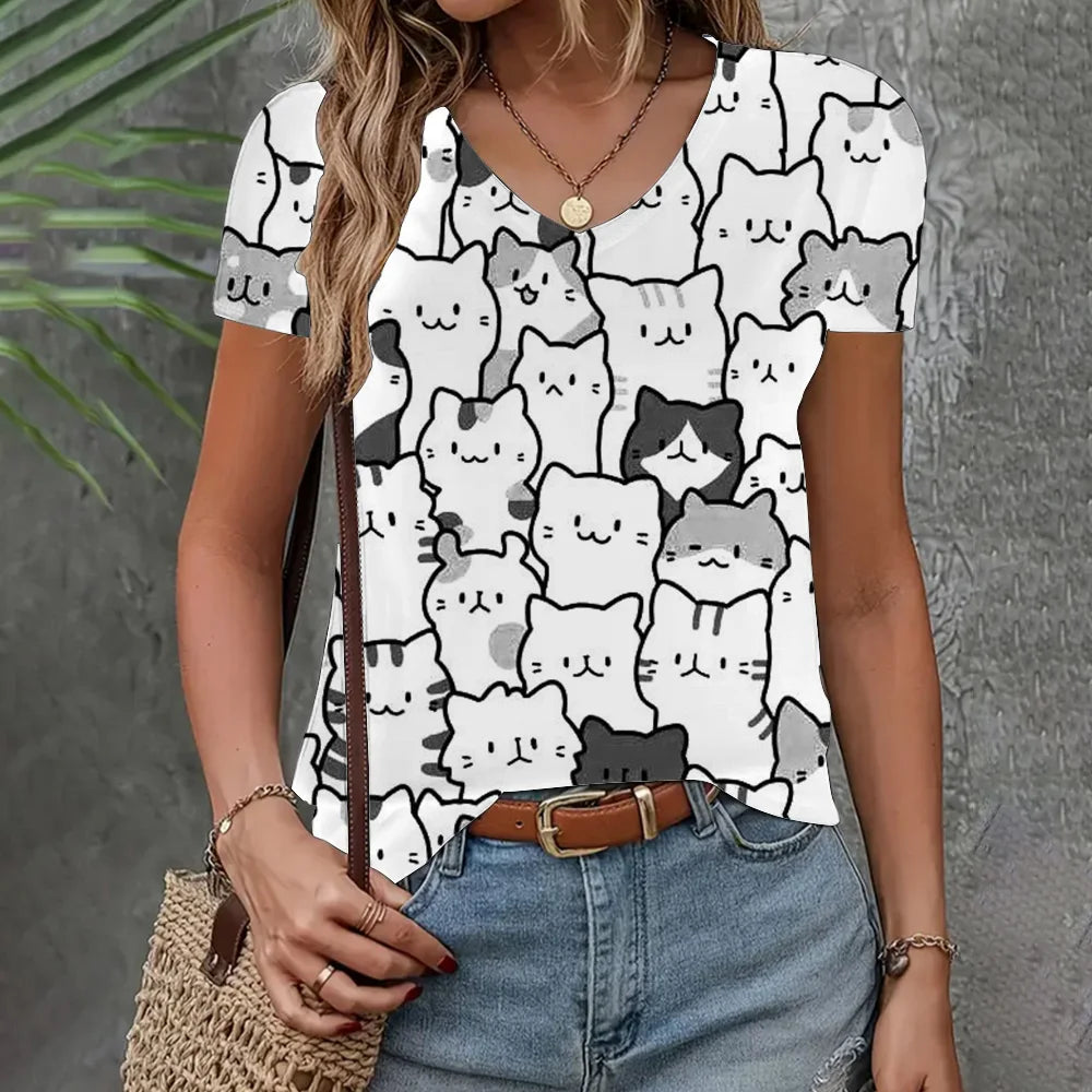 Women's Loose Short Sleeve 3D Cat Print T-Shirt – V-Neck Casual Summer Top