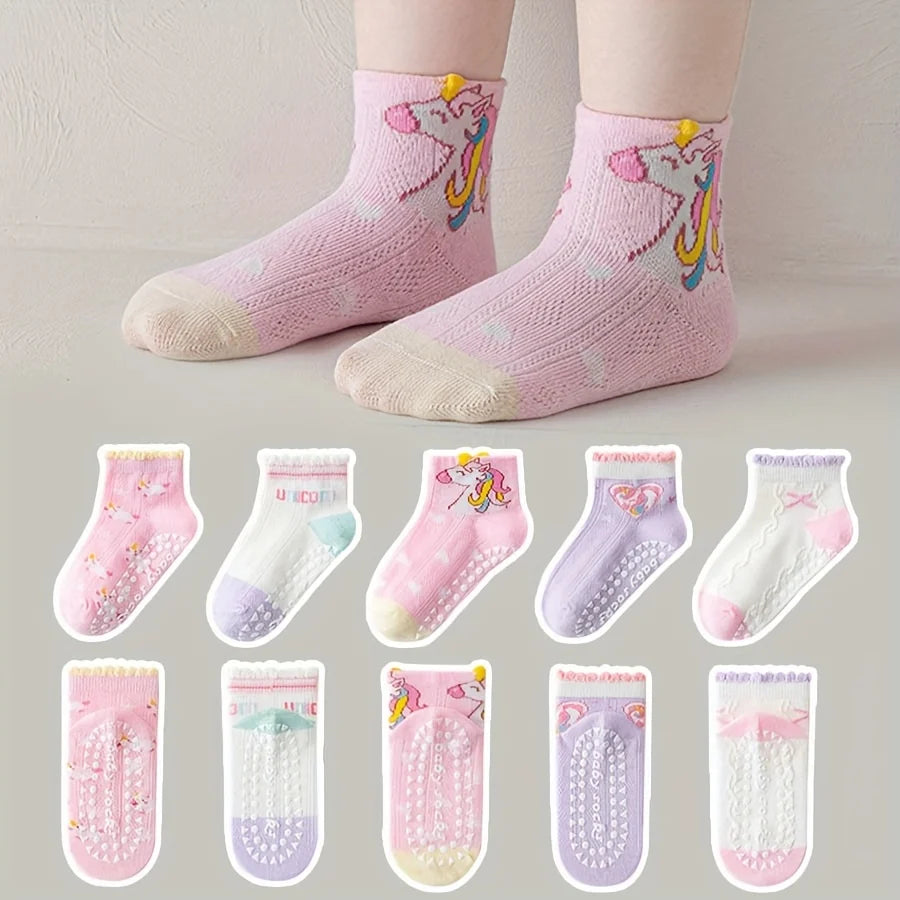 Girls Non-Slip Floor Socks 5-Pack | Unicorn & Heart Pattern