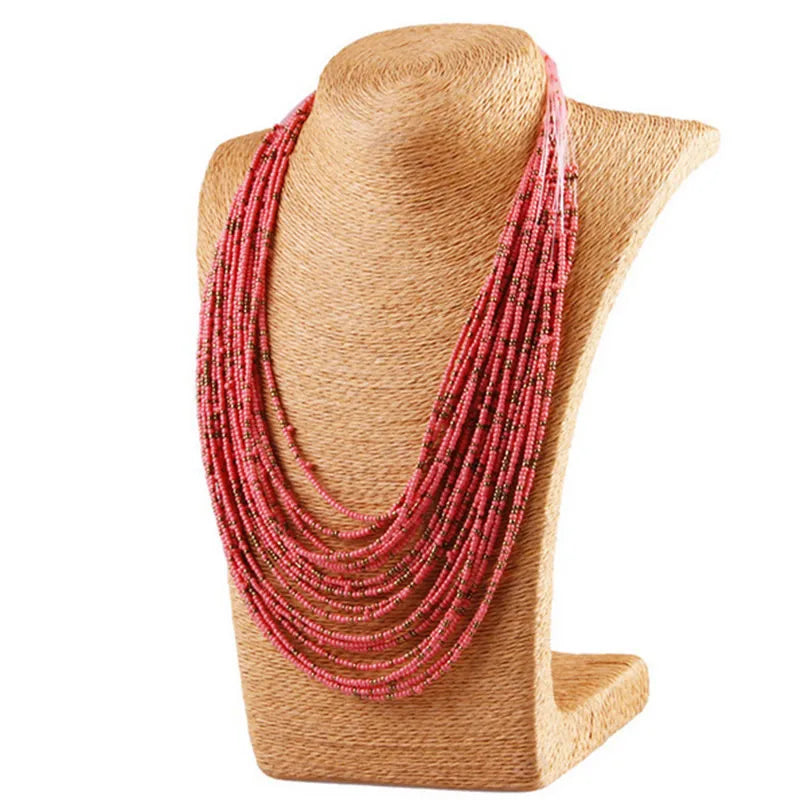 Boho Multi-Layer Beaded Choker Necklace with Glass Pendants
