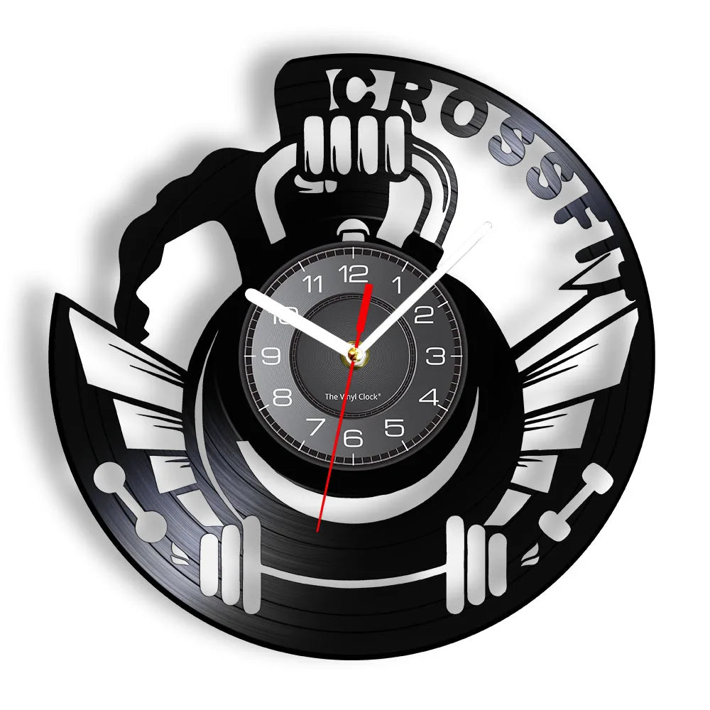 Fitness Equipment Theme Vinyl Record Fitness Wall Clock Home Decoration LED Backlight Modern Fitness Watch