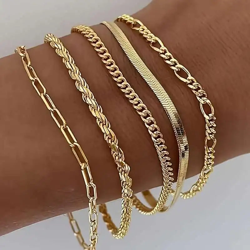 Gold Bracelet Set – 5-piece set, featuring a Cuban chain, bow-tie chain, and simple bracelets. Perfect for everyday wear and gifts, punk-style jewelry collection. Ideal for autumn and winter accessories. Perfect for parties
