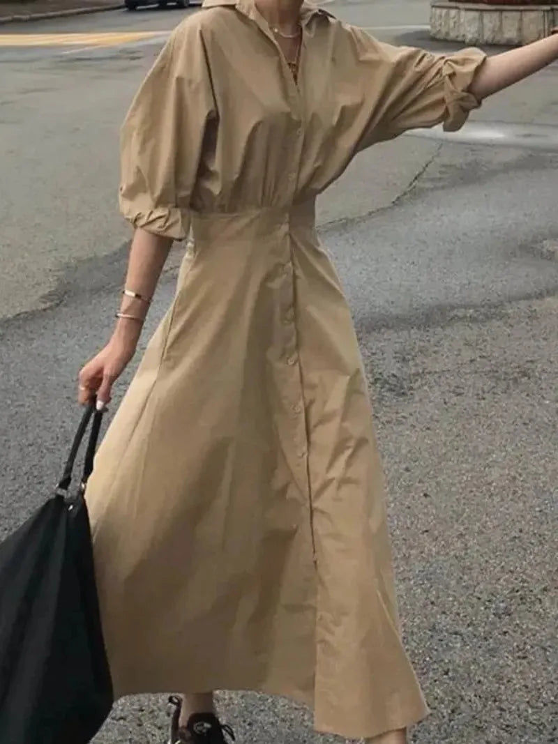 Women's Summer Long Dresses 2026 Spring Fall New Clothes Blue Puff Sleeves Botton Simple Casual Maxi Shirts Dresses for Women