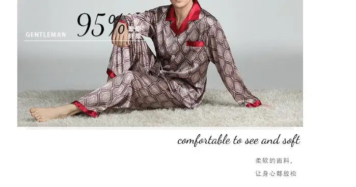 2026Men's Spring Summer Pajamas Sets Long Sleeve Tops&Pants Two-pieces Satin Home Clothes Male Ice Silk Printed Lounge Nightwear