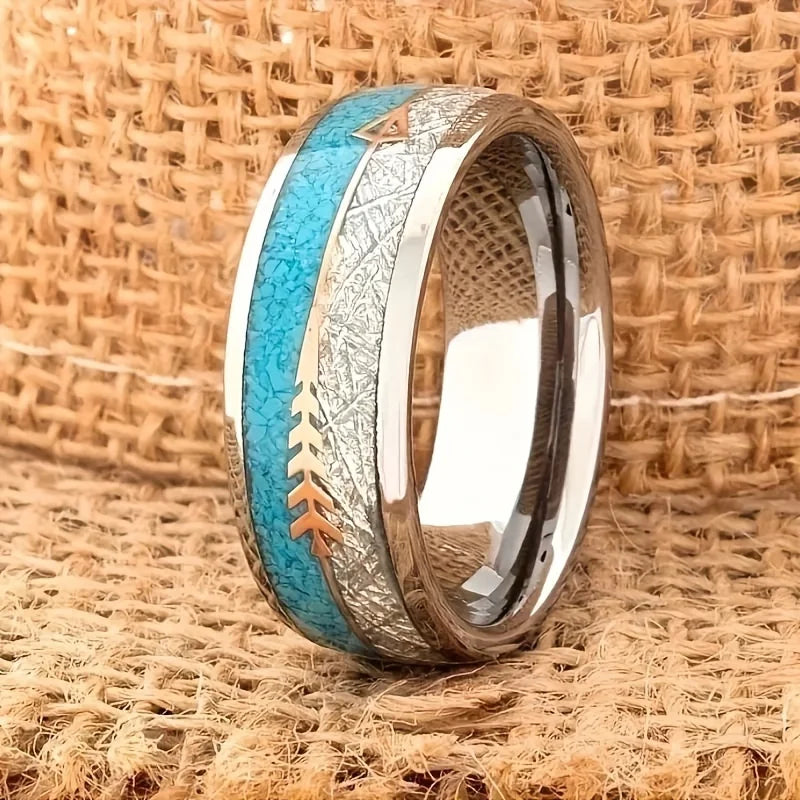 Elegant Stainless Steel Women's Vintage Ring with Unique Arrow and Turquoise Inlay - Comfort Fit for Wedding/Engagement