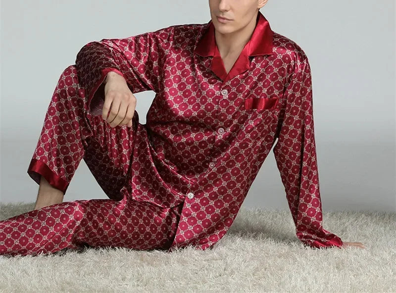 Men's Satin Ice Silk Printed Pajama Set – Long Sleeve Top & Pants, 10 Prints, Sizes L–3XL