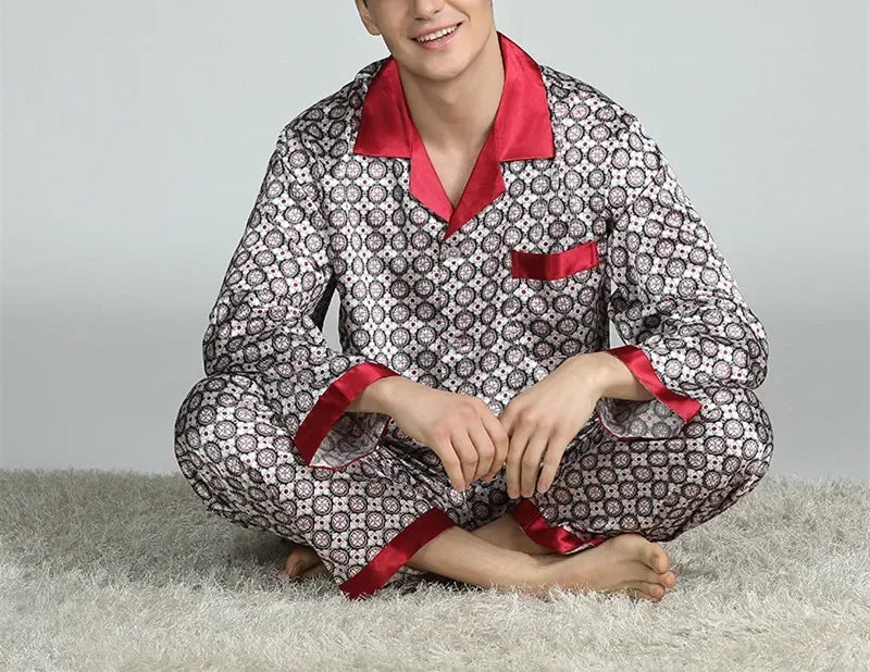 Men's Satin Ice Silk Printed Pajama Set – Long Sleeve Top & Pants, 10 Prints, Sizes L–3XL