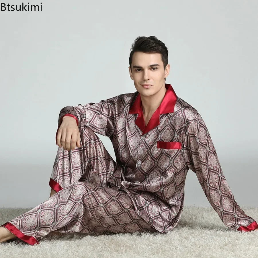 2026Men's Spring Summer Pajamas Sets Long Sleeve Tops&Pants Two-pieces Satin Home Clothes Male Ice Silk Printed Lounge Nightwear