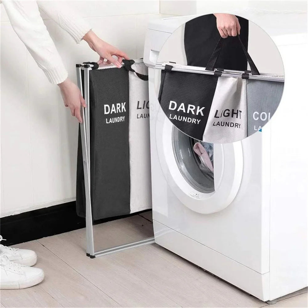 3 Grids Foldable Laundry Basket Large Capacity Toys Clothes Organizer Aluminum Bracket Waterproof Bathroom Laundry Basket Hamper