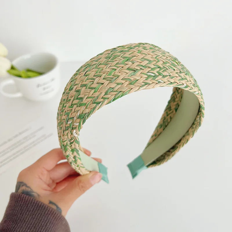 Woven Straw Braid Wide Headband Women Widened Anti Slip Linen Headwrap Travel Colored Striped Lafite Grass Hnitted Hair Hoops