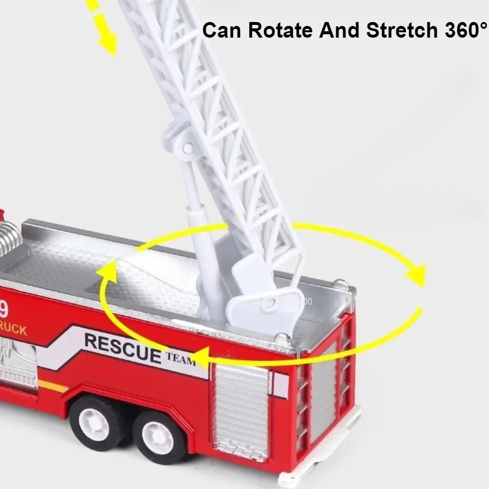 1:32 Fire Truck Model Toy Car Alloy Body Rubber Tire Music Light Pull Back Climbing Water Tank 119 Vehicles Models Toys Gifts