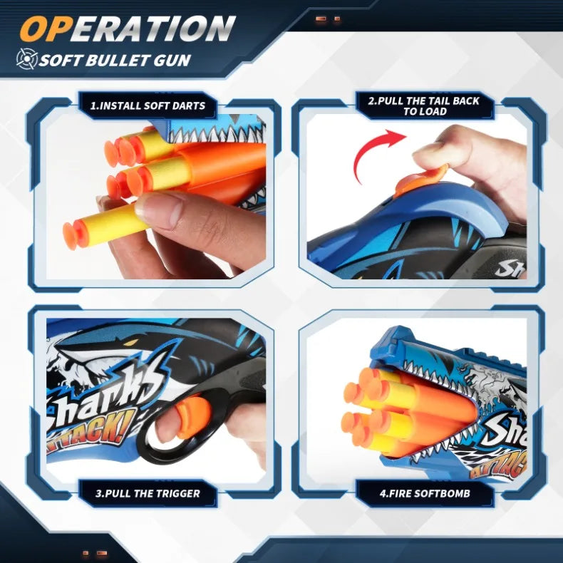 Children Air Soft Bullet Gun Toys Graffiti Shark Color Scheme 6-Round Automatic Safe Outdoor Shooting Sports Kids Boys Gifts