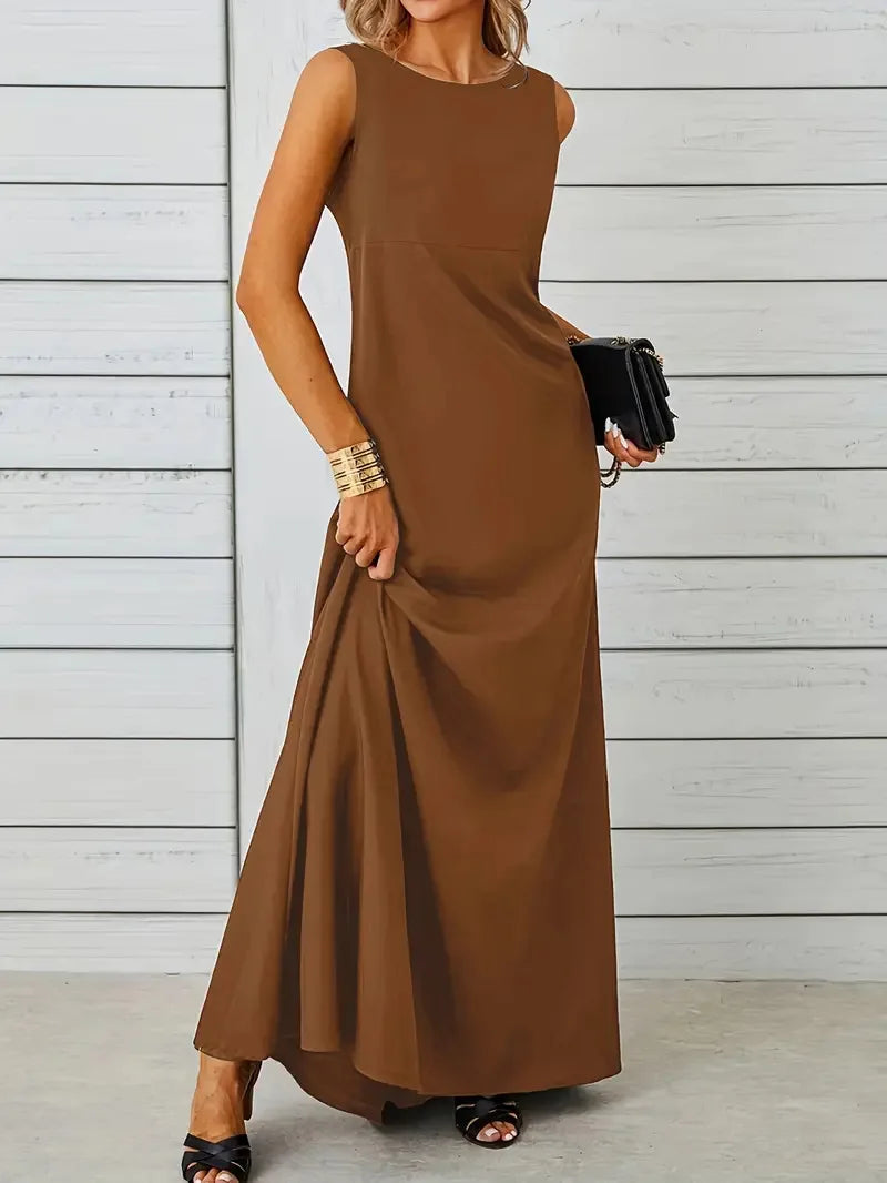 2026 Women's Summer Elegant Long Dress Fashion Solid Sleeveless O-neck Temperament Slim Maxi Dress Ladies A-line Casual Dress