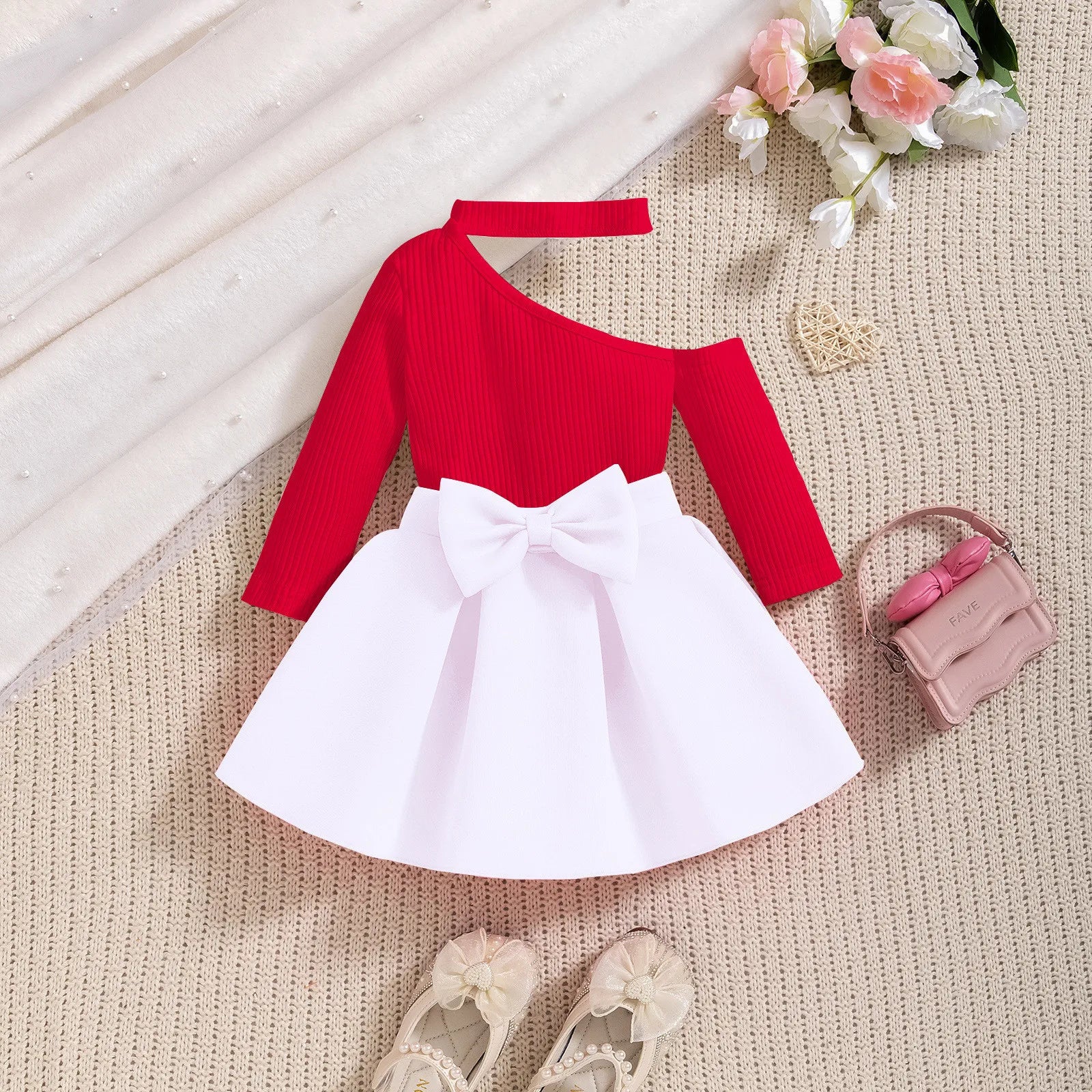 Girls' Off-Shoulder Bow Ruffle Sleeve Two-Piece Dress Set