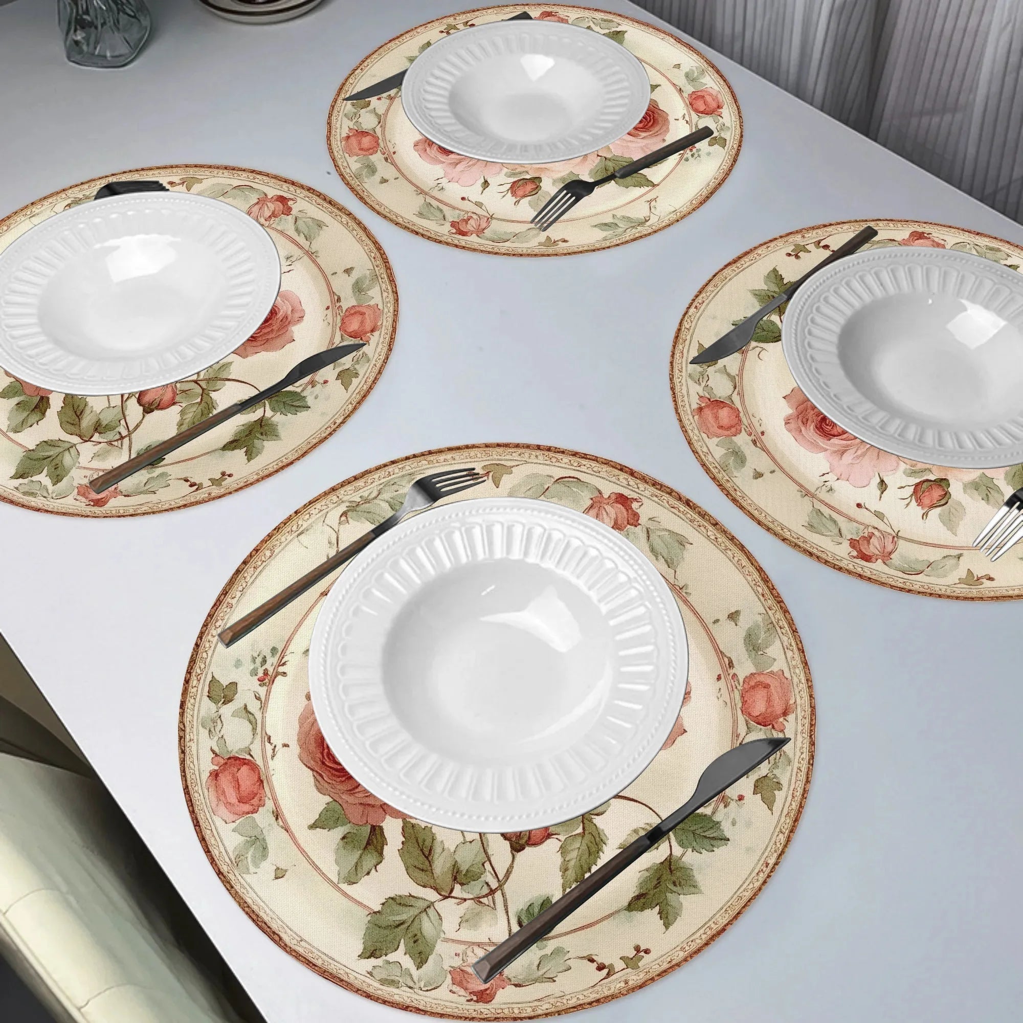 Elegant Pink Rose Placemats - Set of 4 | Non-Slip, Heat Resistant, Vintage Floral Design | Machine Washable 15" Dining Mats