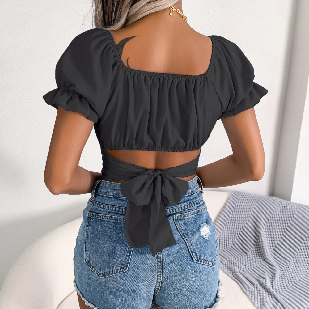 Women's Square Collar Tie-Front Chiffon Crop Top