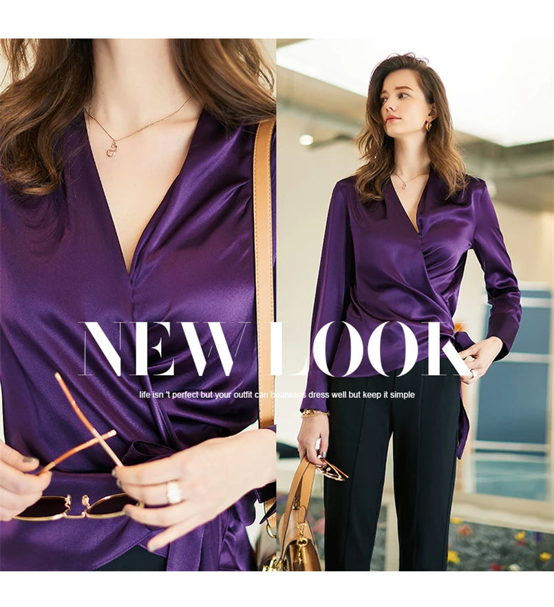 Women's Plus Size Satin Cross Lace-Up Blouse