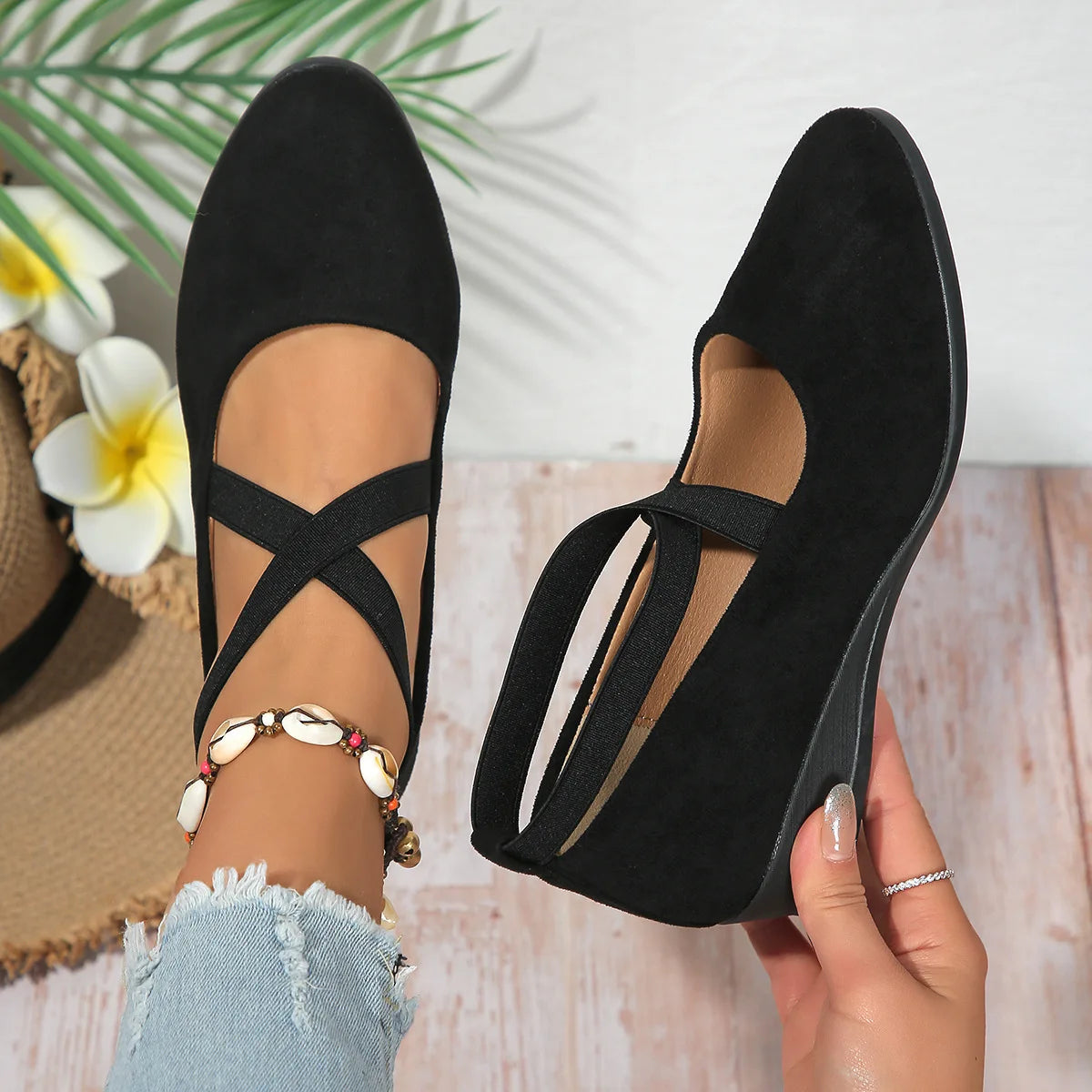 Women's Wedge Heel Pointed Toe Ankle Strap Pumps