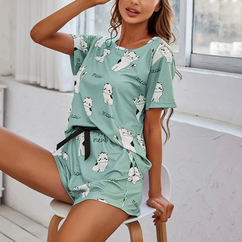 2026 Women Casual Cute Outdoor Shits with Shorts Pajamas Sets Short Sleeve Sleepwear 2 Piece Pjs Cartoon Cat Print Pyjamas Sets
