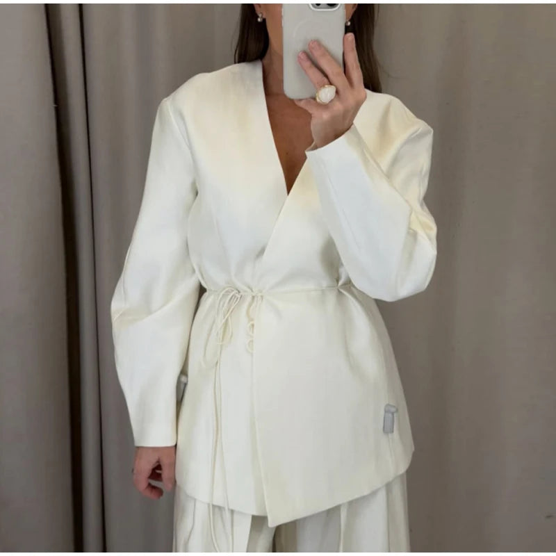 Elegant Stain Loose Jacket Pants Suit Women Solid Lace Up Full Sleeve V-neck Jackets Wide Leg Trousers Fashion Street Sets Lady