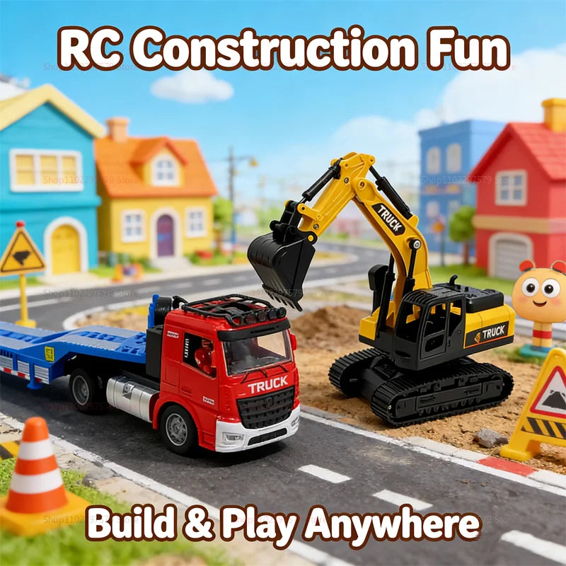 Large Flatbed Semi Truck Toy for Kids With Excavator 2-in-1 Alloy Engineer Vehicle 2.4G RC Car Toy for 2-5 Year Old Boy and Girl