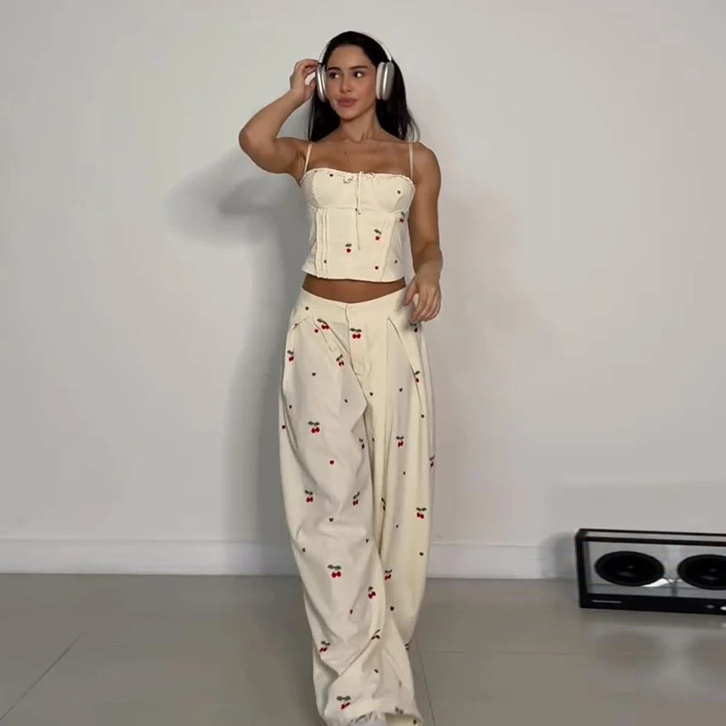 Loose Geometric Print Shirt Pant Sets for Women Ribbon Lapel Full Sleeve Pocket Shirts Wide Leg Trouser Summer Casual Suits