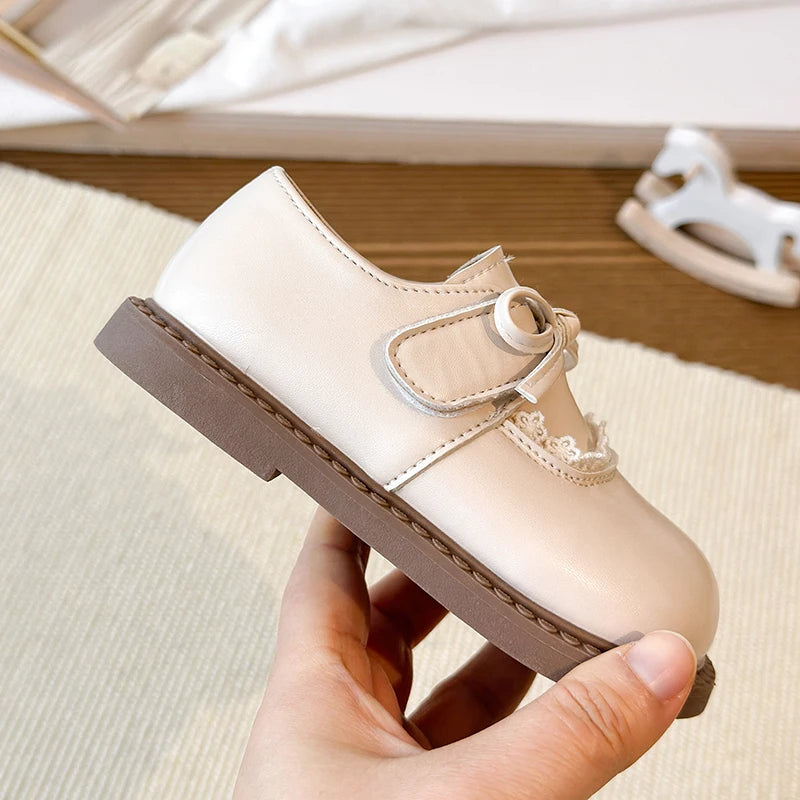 Girls Lace Trim Bow Mary Jane Princess Flat Shoes