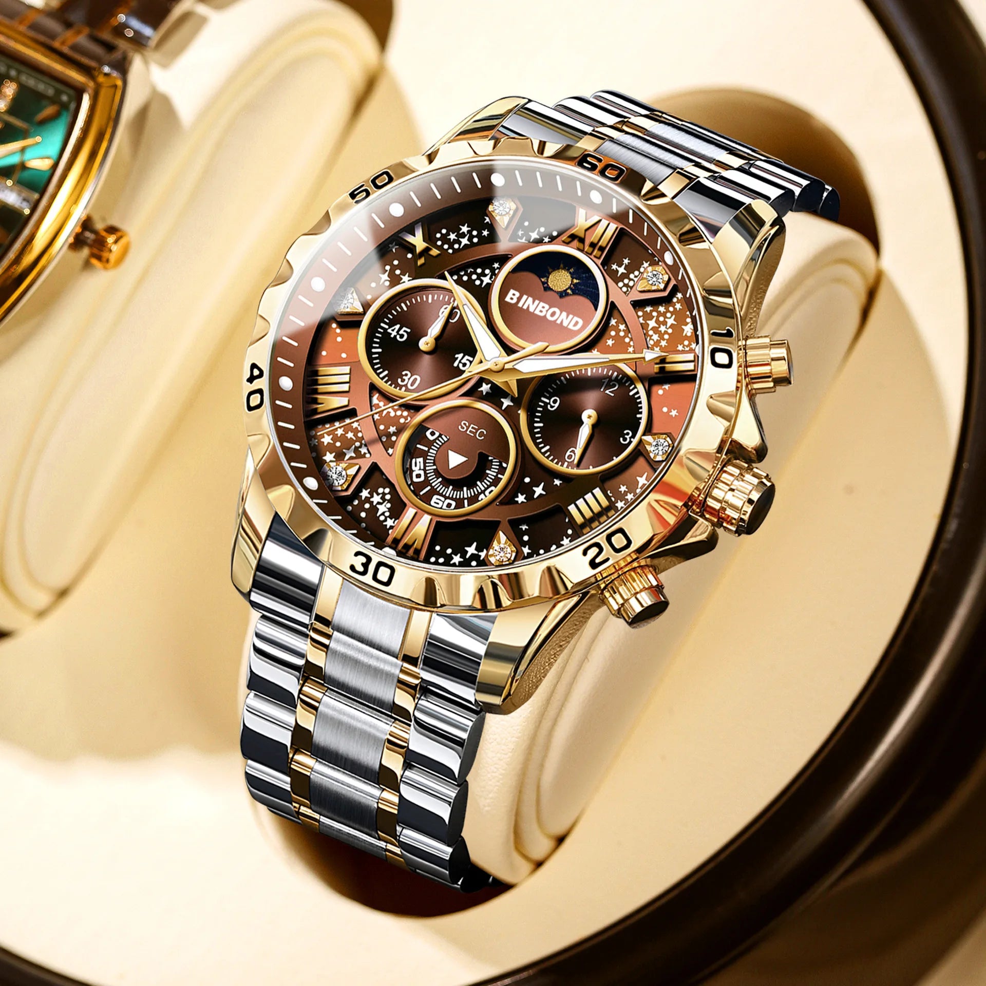 Men Watch Light Luxury Business Steel Belt Moonphase Starry Night Light Waterproof Men's Fashion Quartz Clock Watches Gift