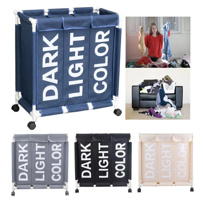 3-Grid Laundry Hamper with Lid & Wheels | High Capacity Waterproof Clothes Basket