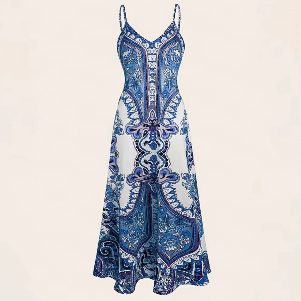 Women's Blue & White Porcelain Print Spaghetti Strap Maxi Dress