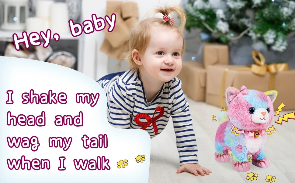 Touch&Voice Controlled Remote Lifelike Walking Cat Toy with Leash,Can Walk, Meow, and Wags Tail, Best Gift for Girls Ages 3+
