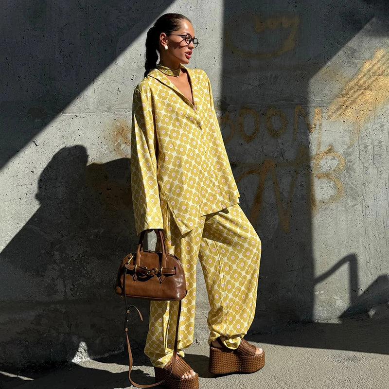 Loose Geometric Print Shirt Pant Sets for Women Ribbon Lapel Full Sleeve Pocket Shirts Wide Leg Trouser Summer Casual Suits