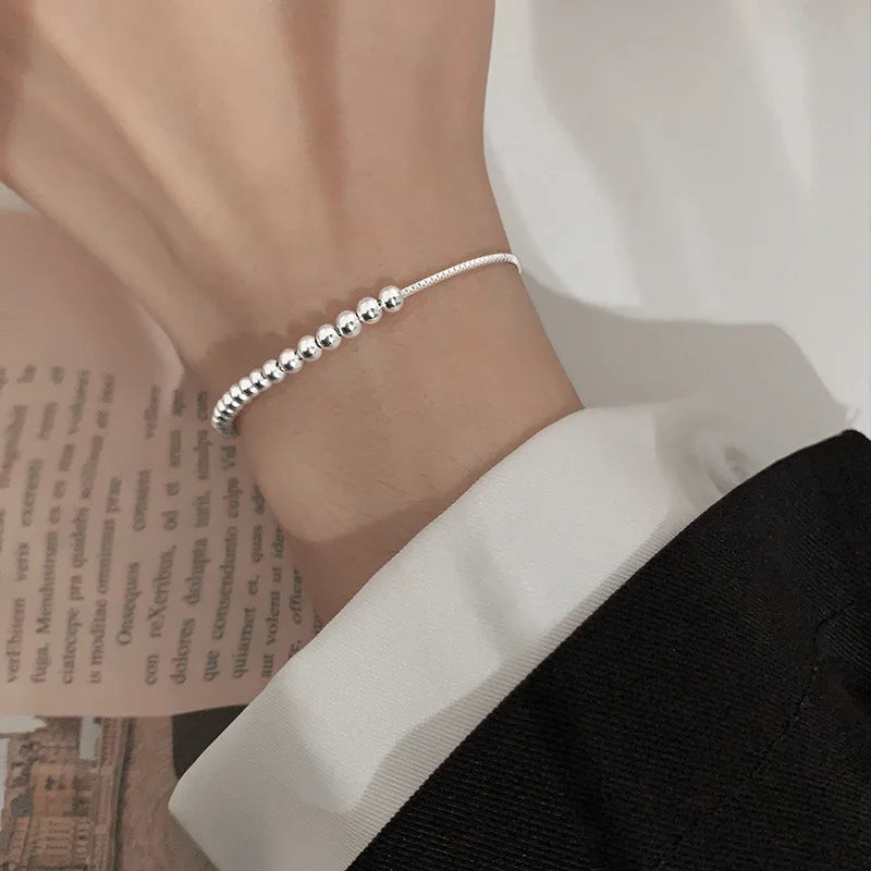 100% Solid 925 Sterling Silver Metal Bracelets for Women Men Beads Adjustable Handmade Simple Bracelet Birthday Christmas Gift