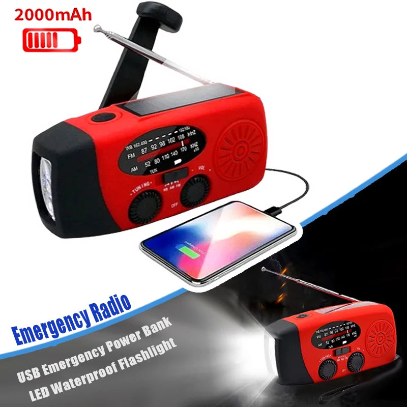 Emergency Weather 2000mAh Radio Portable Emergency Solar Radio Hand Crank Self Powered Phone Charger 3 Led Flashlight Am Fm