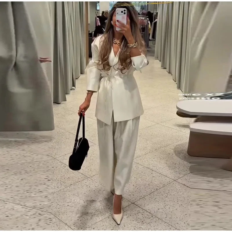 Elegant Stain Loose Jacket Pants Suit Women Solid Lace Up Full Sleeve V-neck Jackets Wide Leg Trousers Fashion Street Sets Lady