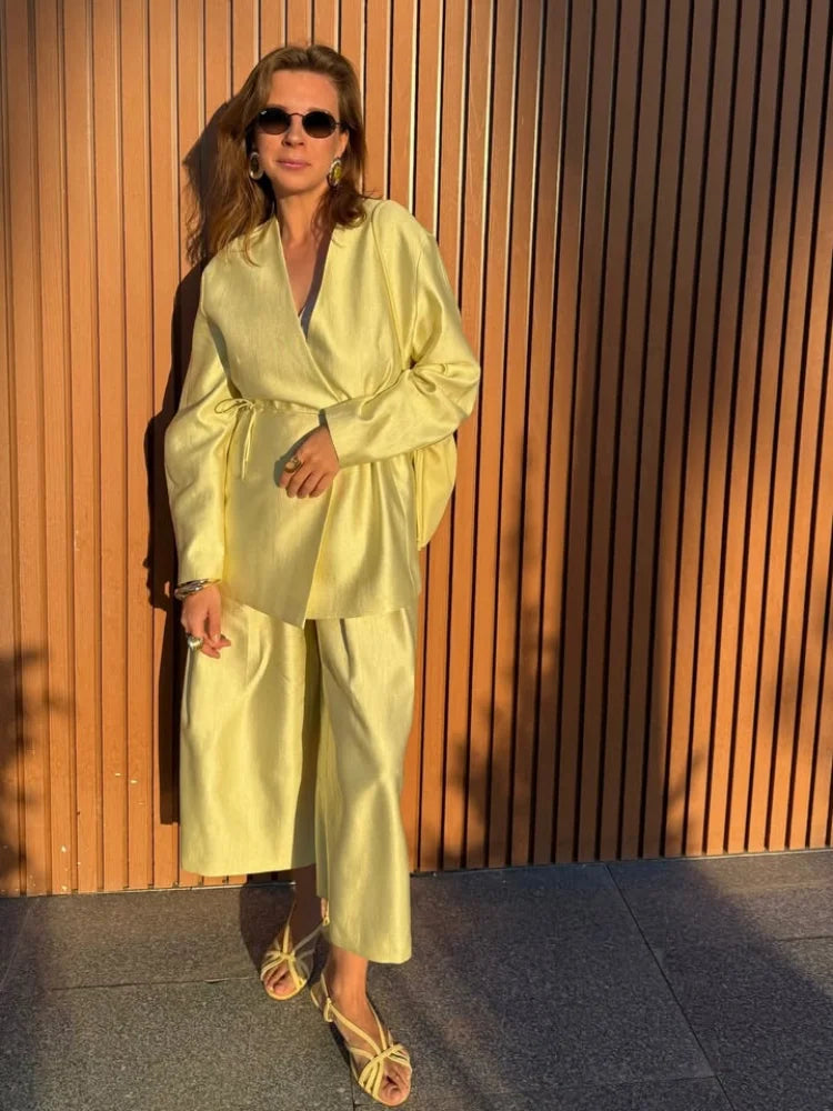 Elegant Stain Loose Jacket Pants Suit Women Solid Lace Up Full Sleeve V-neck Jackets Wide Leg Trousers Fashion Street Sets Lady