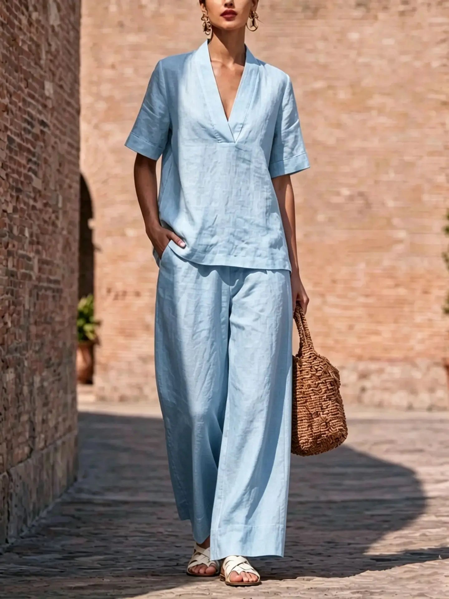 Summer Casual V-neck Short-sleeved Women Trousers 2-piece Set Fashion Casual Loose Wide-leg Trousers Female Lazy Daily Suit 2026
