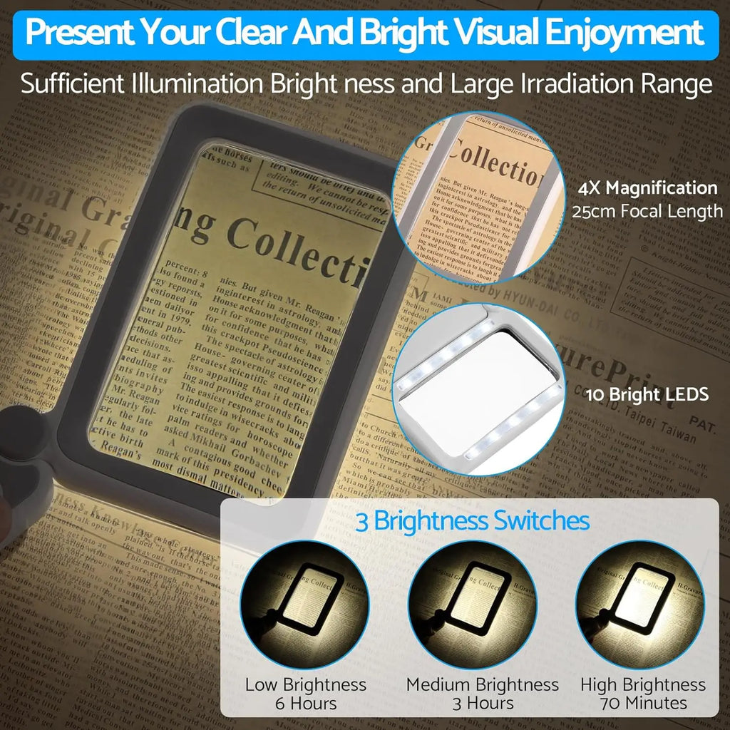 4X Large Magnifying Glass with LED Lights USB Loupe Rechargeable Magnifier Handheld Reading Magnifying Lamp With LED Lighting