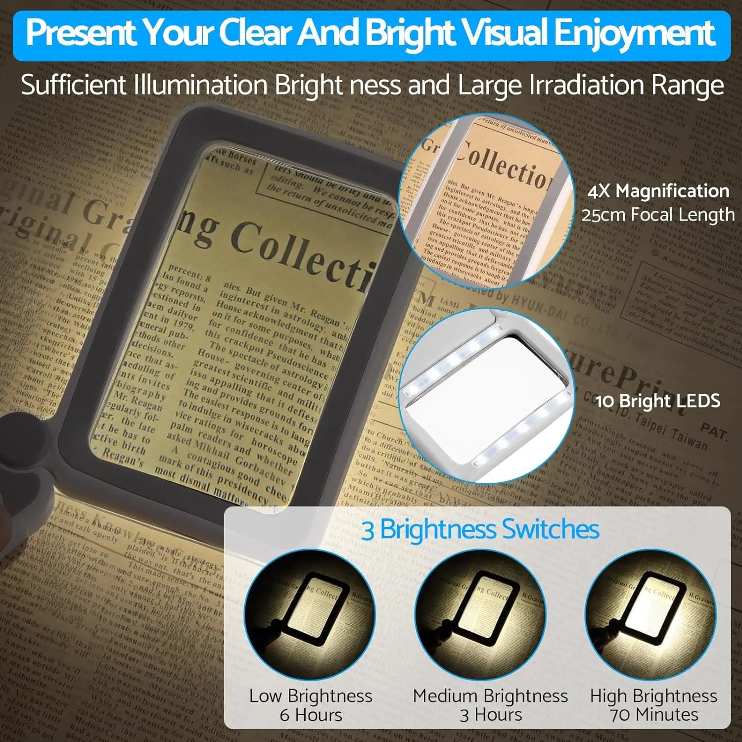 4X Large Magnifying Glass with LED Lights USB Loupe Rechargeable Magnifier Handheld Reading Magnifying Lamp With LED Lighting