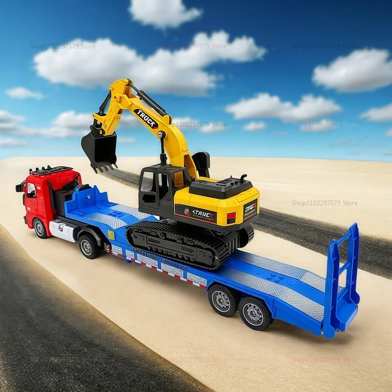 Large Flatbed Semi Truck Toy for Kids With Excavator 2-in-1 Alloy Engineer Vehicle 2.4G RC Car Toy for 2-5 Year Old Boy and Girl
