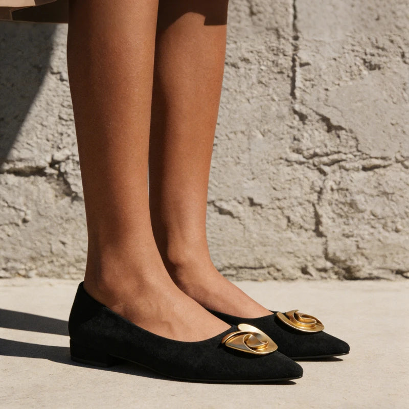 Women's Metal Flower Flock Pointed Toe Flats