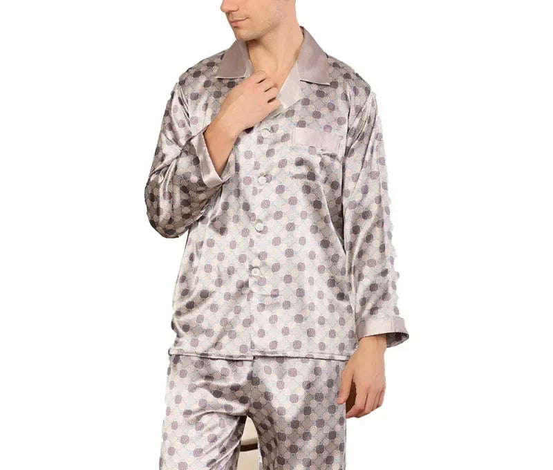 Men's Satin Ice Silk Printed Pajama Set – Long Sleeve Top & Pants, 10 Prints, Sizes L–3XL
