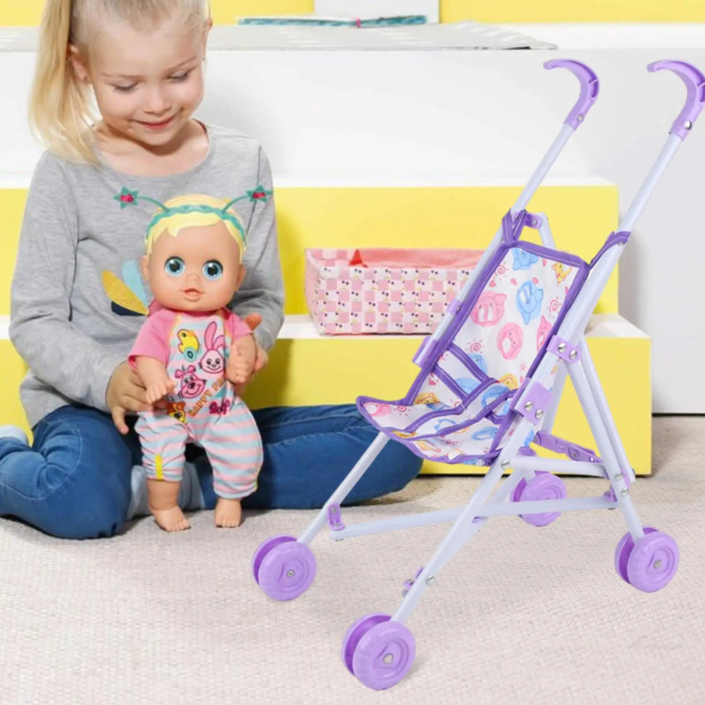 Toddler Doll Stroller & Pram Toy | Pretend Play | Dress-Up Doll Accessory | Purple