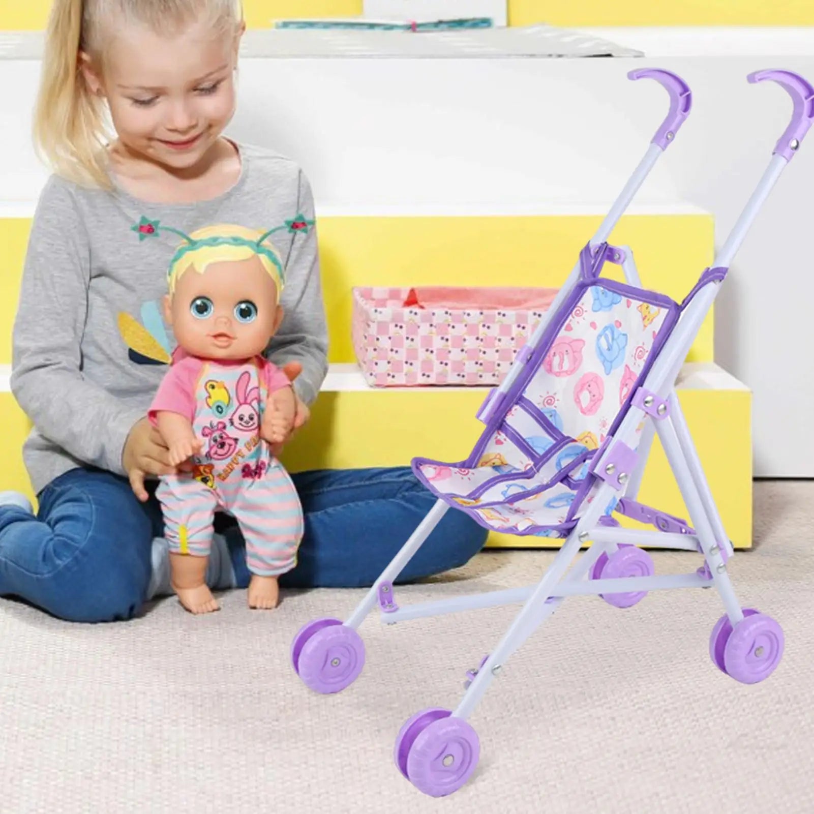 Toddler Doll Stroller & Pram Toy | Pretend Play | Dress-Up Doll Accessory | Purple