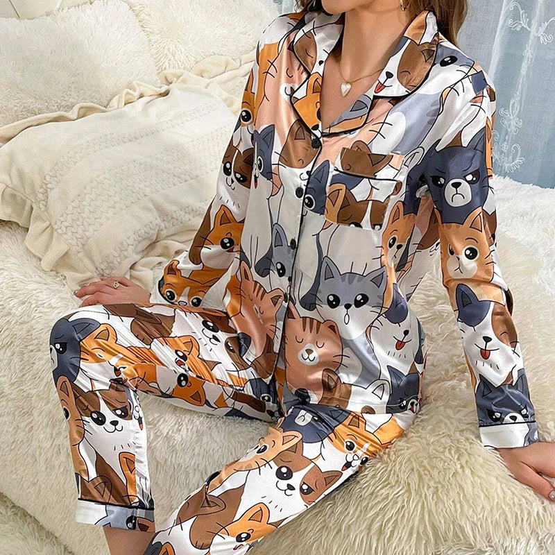 Women’s Satin Print Long Sleeve Button-Up Pajama Set – Full-Length Pants, 11 Colors, Sizes S–1XL